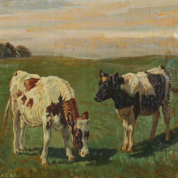 Summer Landscape With Calves In The Field Oil Painting by Rasmus Christiansen