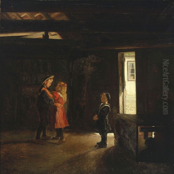 Interior With Dancing Children Oil Painting by Soren Christiansen