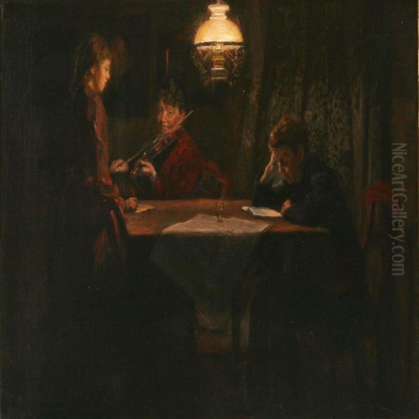 Interior With A Mother And Herchildren Oil Painting by Soren Christiansen