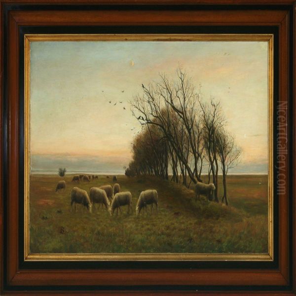 Fall Scenery Withgrazing Sheep Oil Painting by Soren Christiansen