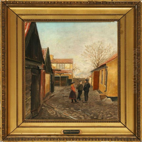 Street Scene With Three Children Oil Painting by Soren Christiansen