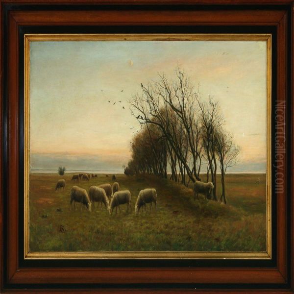 Fall Scenery With Grazing Sheep Oil Painting by Soren Christiansen