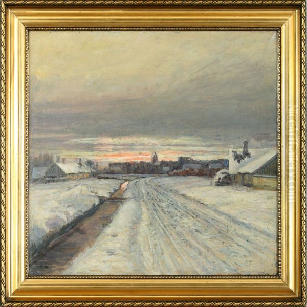 Sunset At A Small Village In The Wintertime Oil Painting by Soren Christiansen