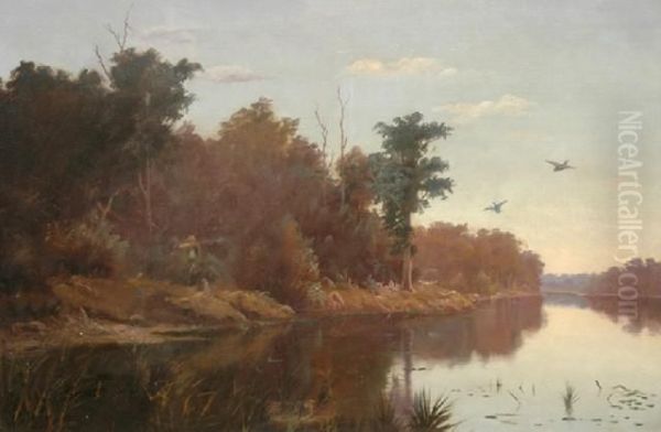 Duck Shooter Beside Ariver X 90cm Oil Painting by Ernest William Christmas