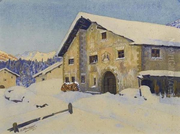 Verschneites Bauernhaus Im Unterengadin. 1912. Oil Painting by Anton Christoffel