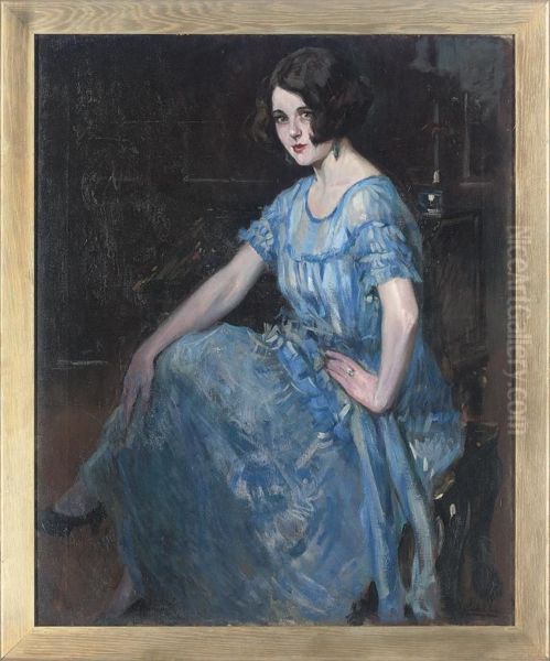 Portrait Of A Lady, Full-length, Seated In A Blue Dress Oil Painting by Alejandro Christophersen