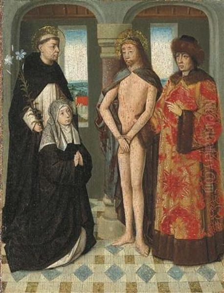 A Nun Supported By A Dominican Saint Adoring A Vision Of Christ The Man Of Sorrows Presented By Pontius Pilate Oil Painting by Petrus Christus