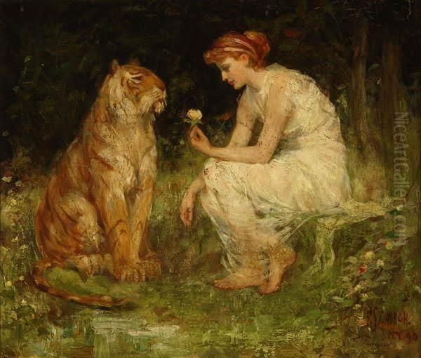 Seated Girl Presenting A Rose To A Tiger Oil Painting by Frederick Stuart Church