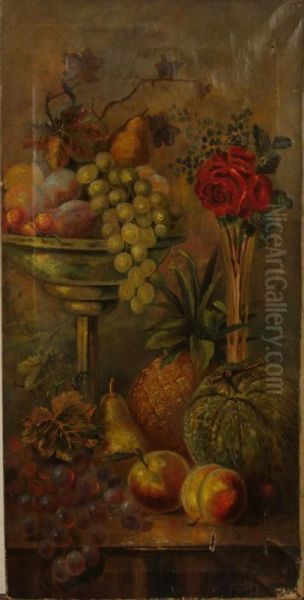 A Still Life Of Fruit On A Stone Ledge With A Vase Of Redroses Oil Painting by Henry Church