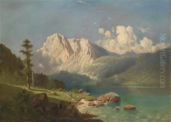 Mountain Lake Oil Painting by Adolf Chwala