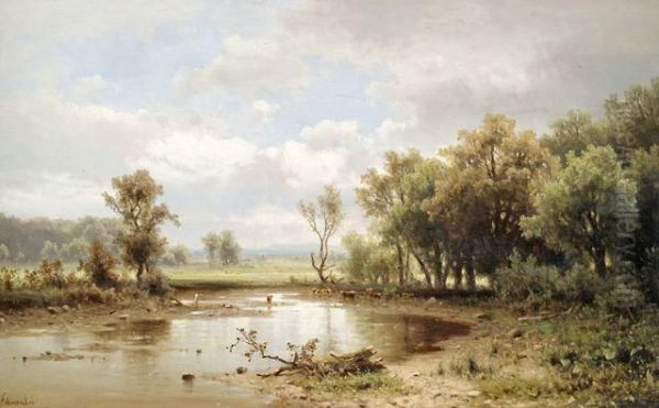 Blick In Eine Weite Sommerlandschaft, Im Mittelgrund Eine Rinderherde An Einem Gewasser Oil Painting by Adolf Chwala