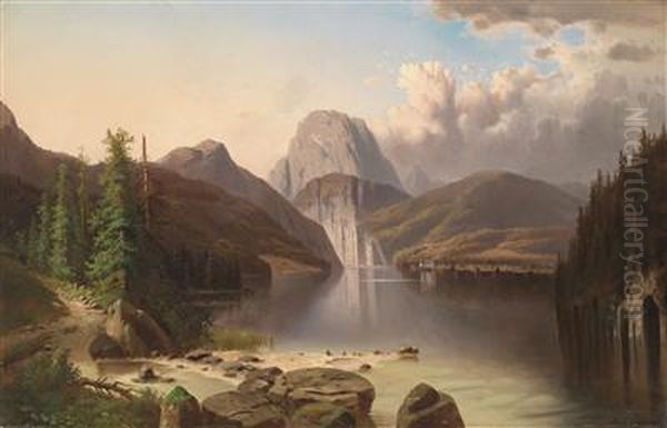 View Of Lake Konigssee With St. Bartoloma In The Background Oil Painting by Adolf Chwala