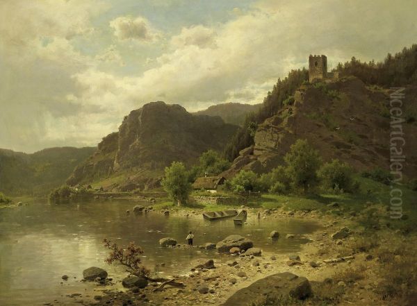 On The Lakeside Below The Castle Ruins Oil Painting by Adolf Chwala