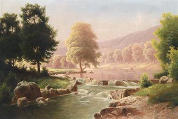 Sommerliche Flusslandschaftmit Katarakt Oil Painting by Fritz Chwala