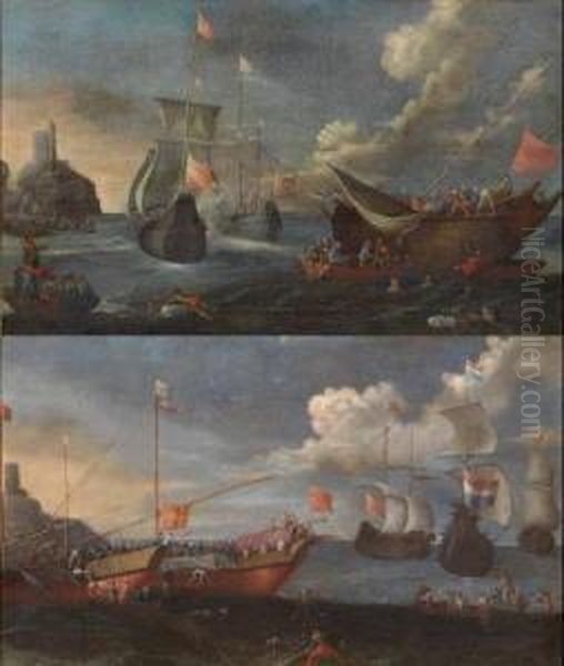 Marine Con Velieri E Pescatori Oil Painting by Pietro Ciafferi Lo Smargiasso