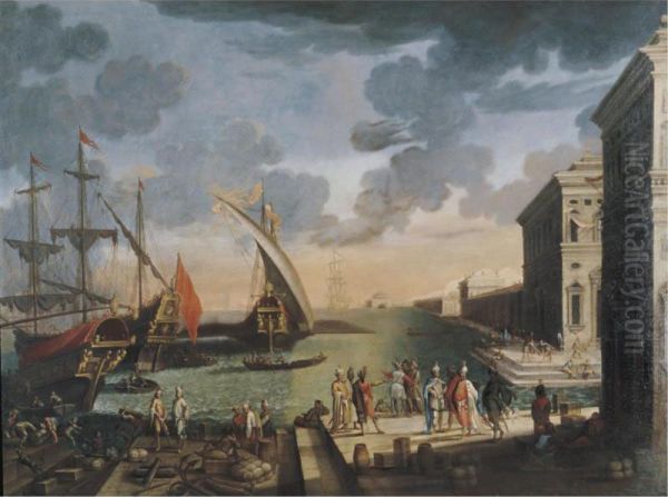 Seaport With Figures Oil Painting by Pietro Ciafferi Lo Smargiasso