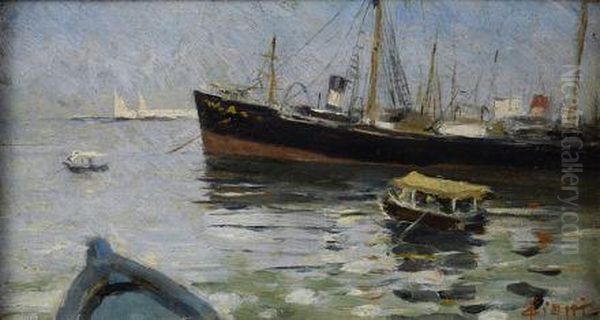 Barche Nel Porto Di Livorno Oil Painting by Cesare Ciani