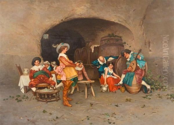 Frohliche Gesellschaft Im Kellergewolbe. Oil Painting by F.A. Ciappa