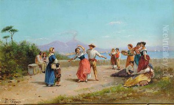 Danzatori Di Tarantella Con Veduta Del Golfo Di Napoli Oil Painting by Vincenzo Ciappa