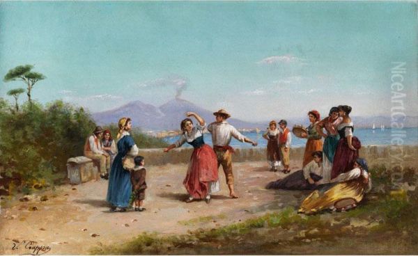 Tarantella Tanzendes Paar, Vonzuschauern Und Tamburinspielerinnen Umgeben Oil Painting by Vincenzo Ciappa