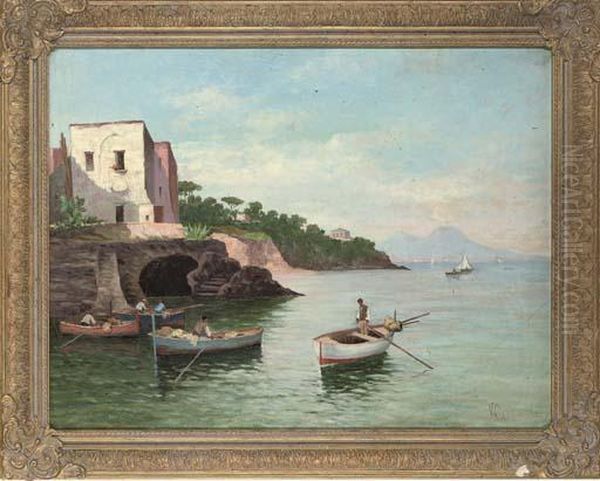 Fishermen Preparing To Depart, With The Bay Of Naples Beyond Oil Painting by Vincenzo Ciappa