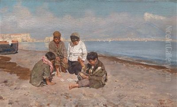 Boys Playing Cards In The Gulf Of Naples Oil Painting by Giuseppe Giardiello