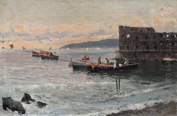 Pescatori A Castel D'ovo Oil Painting by Giuseppe Giardiello