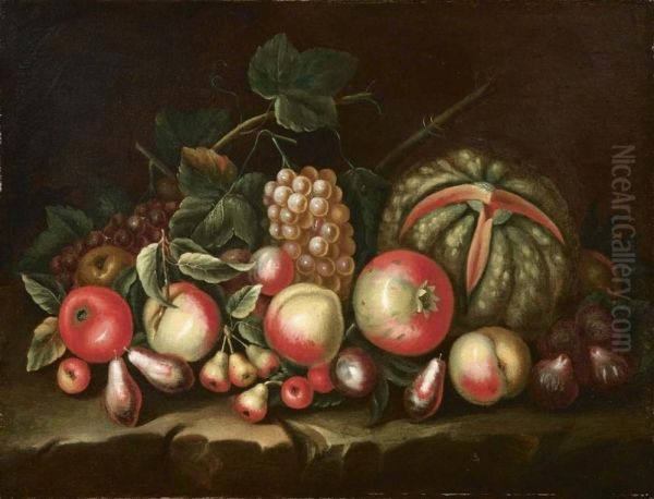 Mele, Prugne, Uva, Pere, Susine, Melograno, Melone E Fichi Su Sperone Roccioso Oil Painting by Francesco Antonio Cicalese