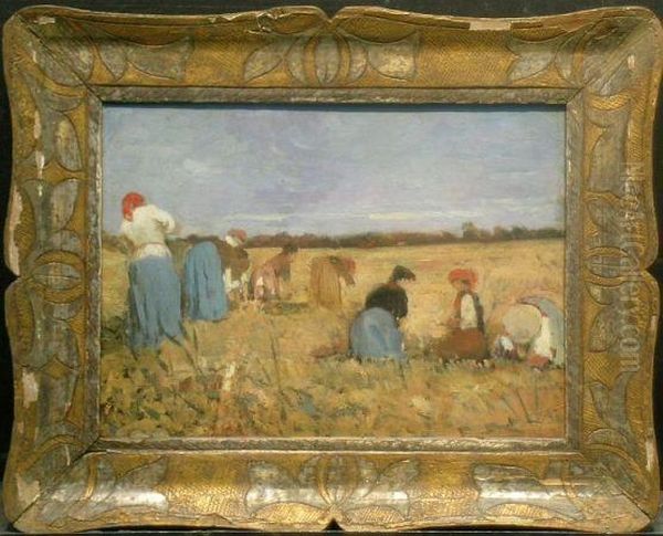 Harvesters In A Field Oil Painting by Luigi Cicerchia