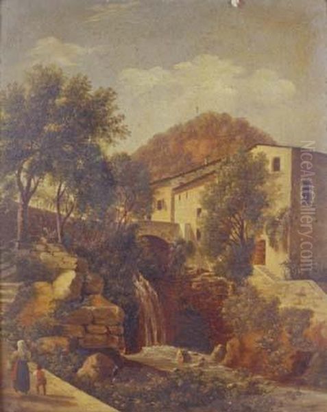 Scorcio Di Paese Con Cascata, Torrente E Figure Oil Painting by Giammaria Cicogna