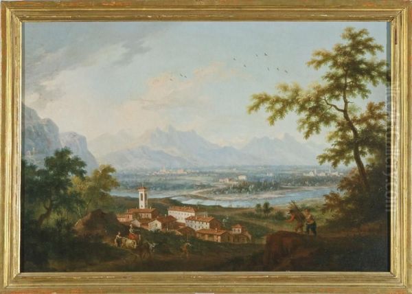 Veduta Di Robassomero (torino) Con La Stura Dilanzo Nello Sfondo Oil Painting by Angelo Antonio Cignaroli