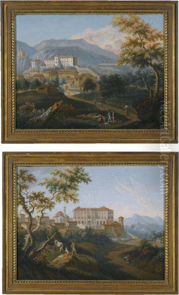 A Pair Of Landscapes Depicting Sabaudi Castles Oil Painting by Angelo Antonio Cignaroli