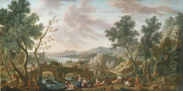 Weite Flusslandschaft Mit Hirten, Wascherinnen Und Reisenden Oil Painting by Vittorio Amedeo Cignaroli