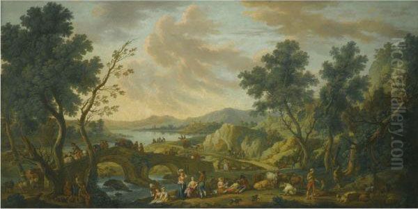 A Rocky Landscape With Peasants And Their Herd Beside Theriver Oil Painting by Vittorio Amedeo Cignaroli