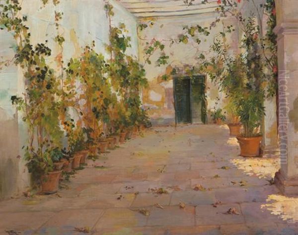 Courtyard In Summer Oil Painting by Francisco Ramon Cilla