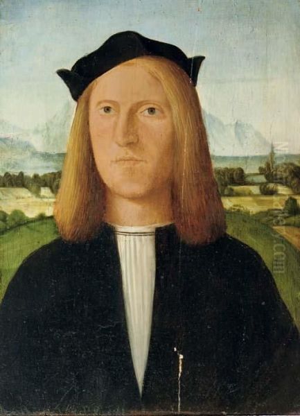 Portrait Of A Young Gentleman, Half-length, In A Black Costume And White Chemise With A Black Cap, A Mountainous River Landscape Beyond Oil Painting by Giovanni Battista Cima da Conegliano