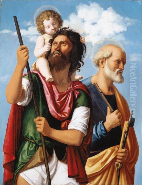 Saint Christopher With The Infant Christ And Saint Peter Oil Painting by Giovanni Battista Cima da Conegliano