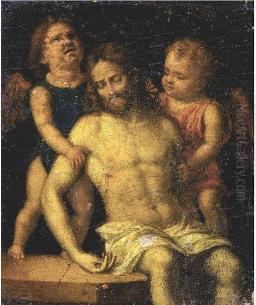 The Dead Christ Supported By Two Angels Oil Painting by Giovanni Battista Cima da Conegliano