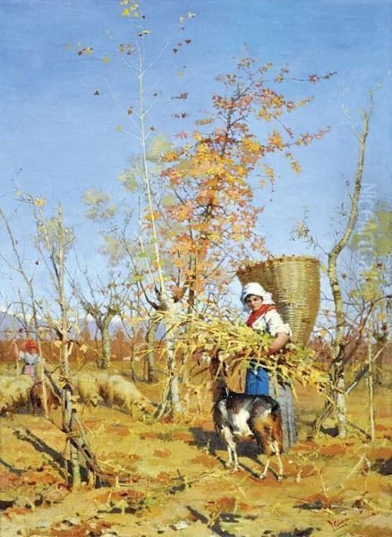 Girl Carrying A Basket And Wheat Sheaf With A Goat Oil Painting by Luigi Cima