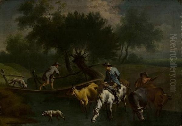 Paesaggio Con Viandanti Al Guado Oil Painting by Gianbattista Cimaroli