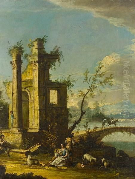 Figures Resting Before Classical Ruins In Anopen Landscape Oil Painting by Gianbattista Cimaroli