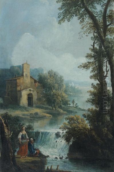 Pecheur Et Jeune Paysanne Devant Une Cascade Oil Painting by Gianbattista Cimaroli