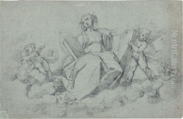 A Sibyl Seated Amongst Clouds, Surrounded By Putti Oil Painting by Antonio Cimatori