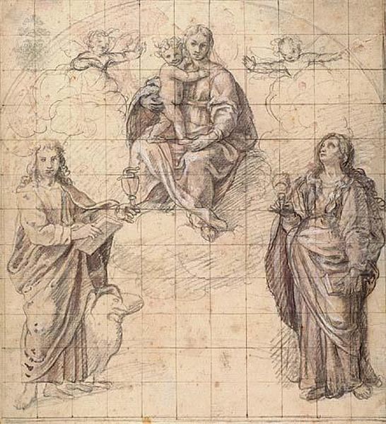 Design For An Altarpiece With The Virgin And Child Between Saint John And Saint Cecilia. Oil Painting by Antonio Cimatori