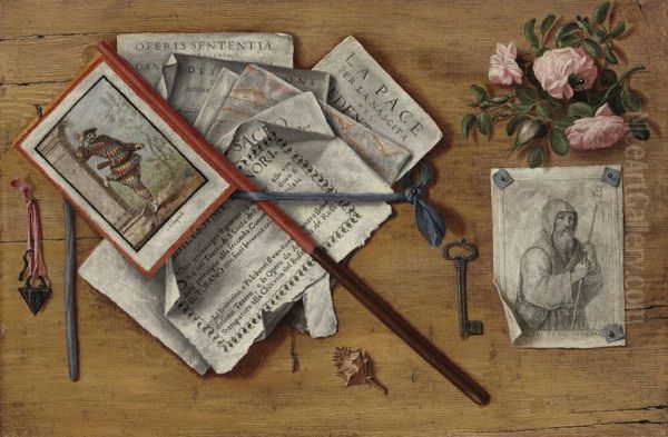 A Trompe L'oeil Still Life With Letters And Other Objects On Aboard Oil Painting by Antonio Cioci or Ciocchi