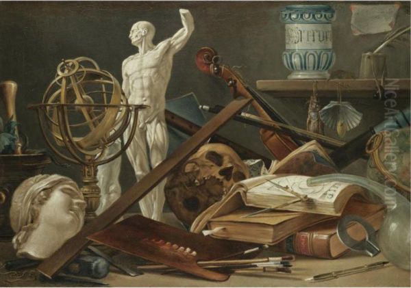 A Vanitas Still Life With An Adder In A Pestle And Mortar, A Sculpted Head, An Astrolobe, An Anatomical Sculpture, A Musical Pipe, A Skull, A Violin, A Globe, Musical Scores, Manuscripts, A Paint Palette And Brushes, Sculpting Tools And A Flask, All On A Oil Painting by Antonio Cioci or Ciocchi