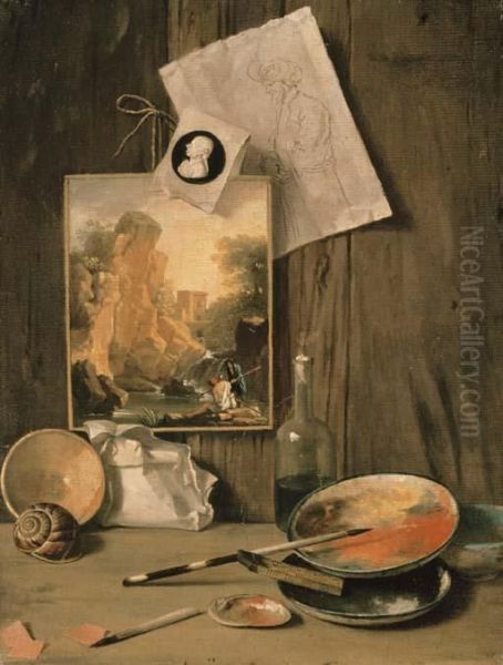 A Trompe L'oeil Still Life Of The Artist's Studio Oil Painting by Antonio Cioci or Ciocchi