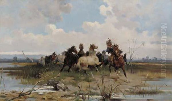 Herding Wild Horses In The Roman Campagna Oil Painting by F. Ciotta