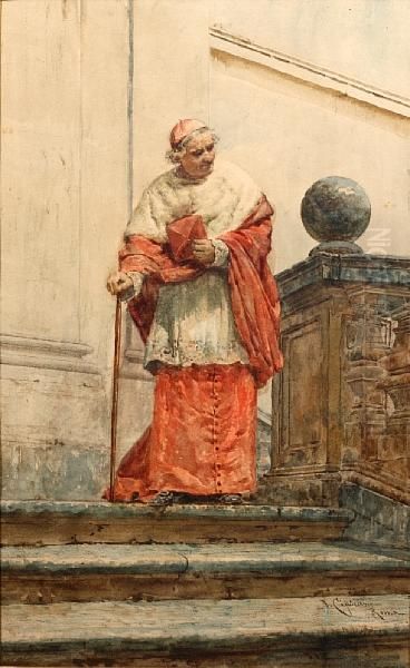 A Cardinal On The Steps Of A Building Oil Painting by Nazareno Cipriani