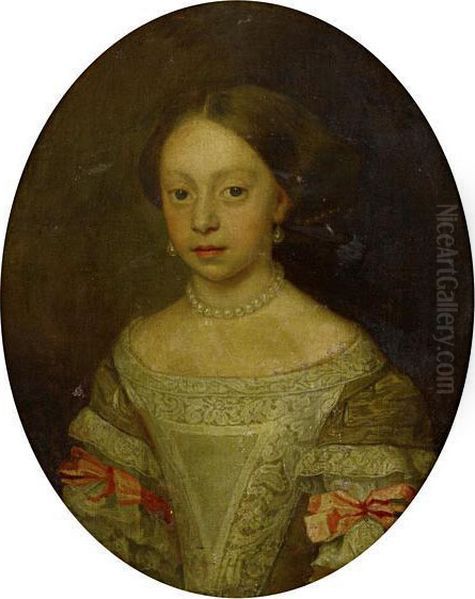 Portrait Of A Young Lady, Half-length, In A Green Dress With Pink Bows, And A Pearl Necklace And Earrings Oil Painting by Pier Francesco Cittadini Il Milanese